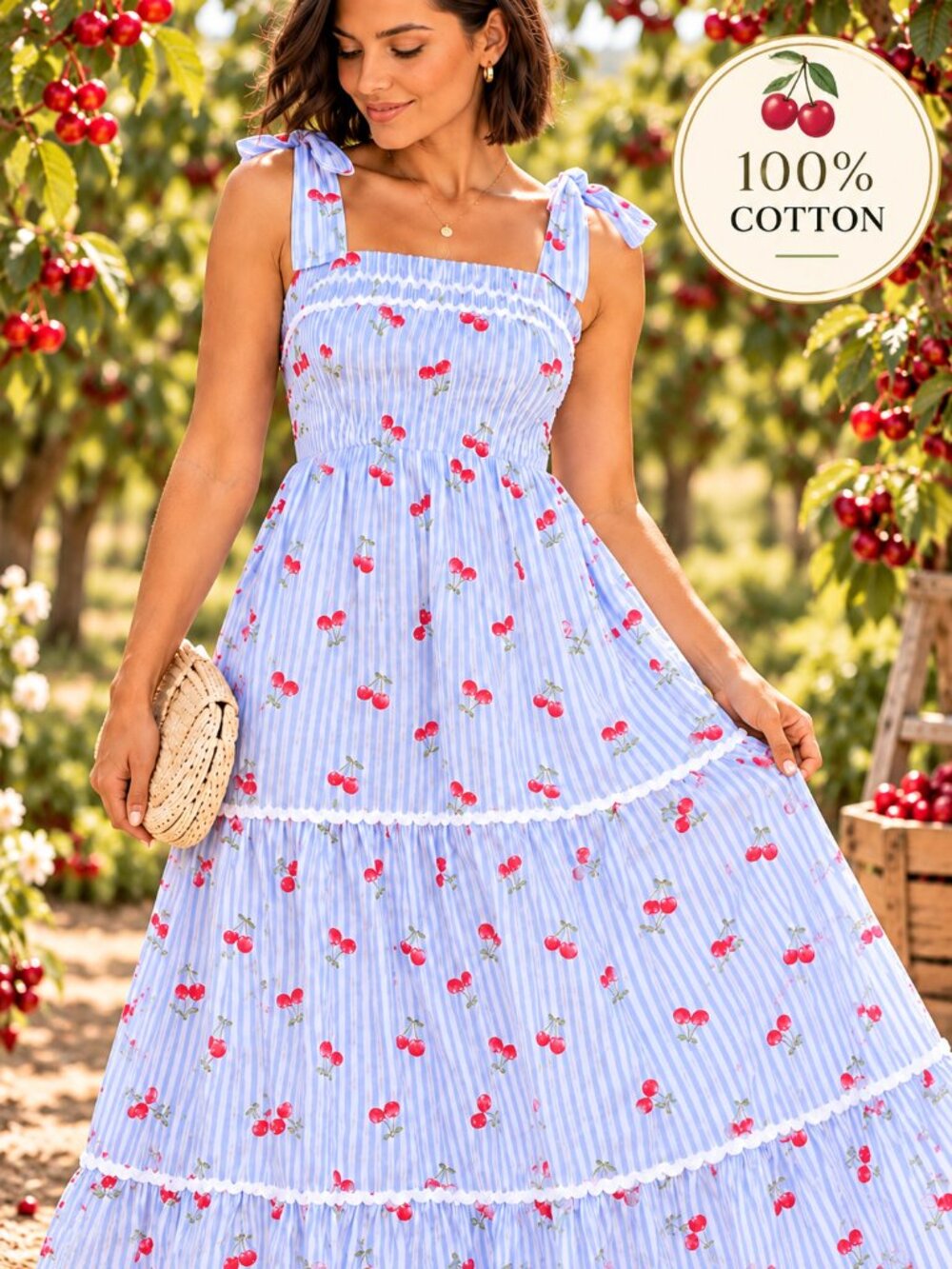 Rachel Zoe Blue Striped Cherry Print Bow Strap Maxi Dress Size 6 NWT